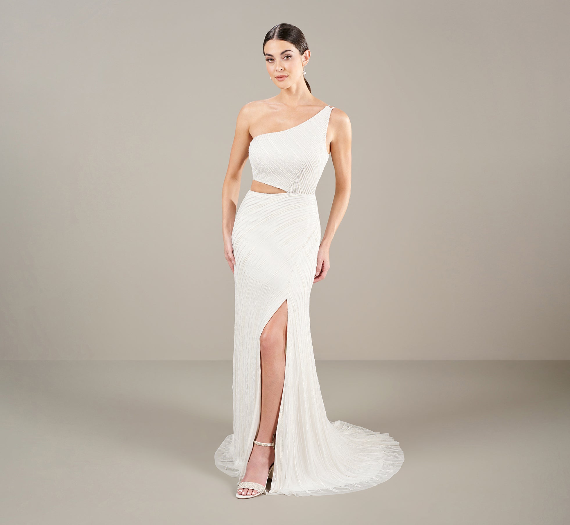 One Shoulder All Over Beaded Gown In Ivory、mySite、solidvoid