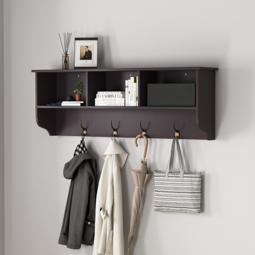 White Entryway Wall Mounted Coat Rack with 4 Dual Hooks Living Room Wooden Storage Shelf、、casual