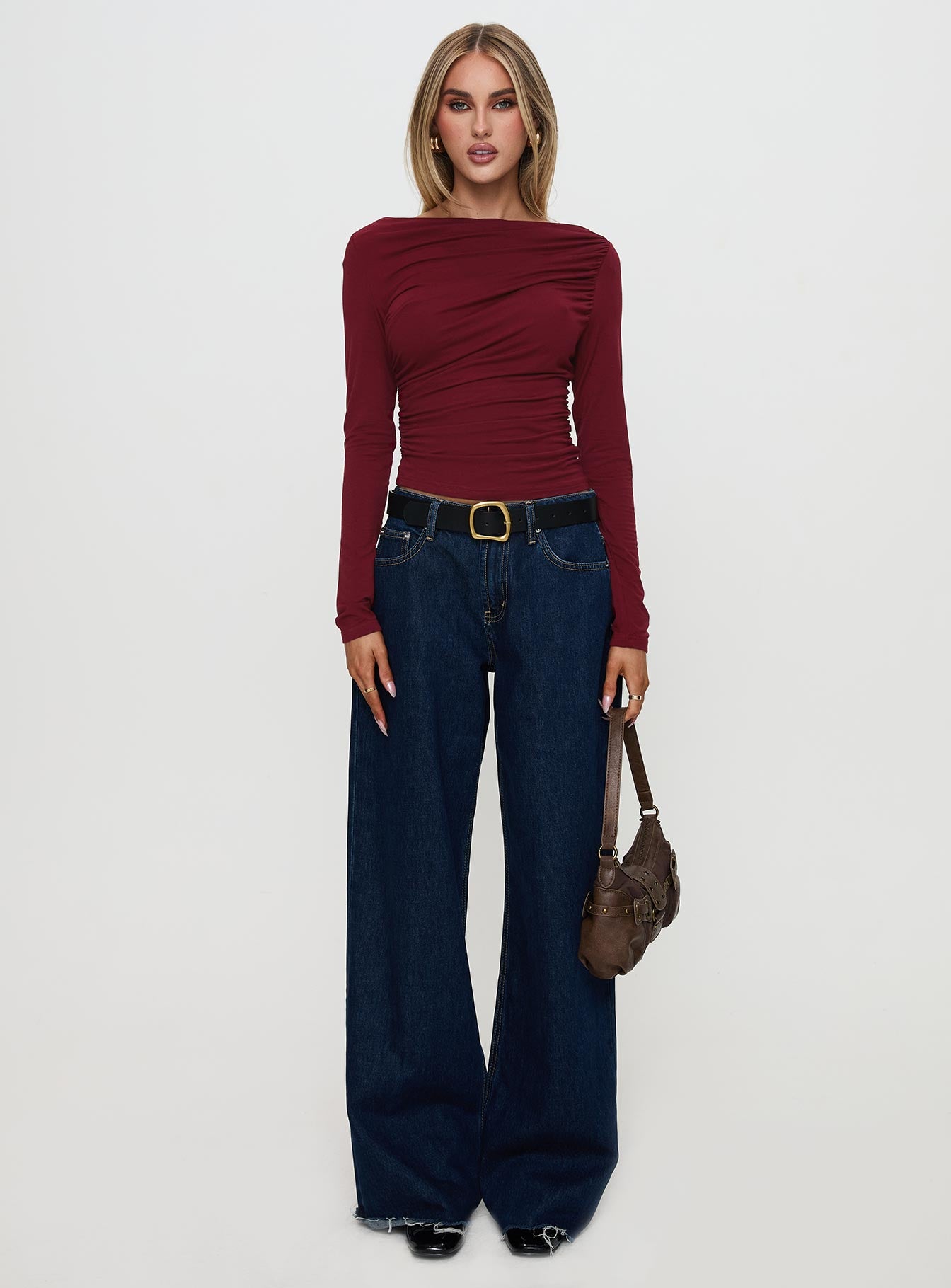 Amberlyn Long Sleeve Ruched Top Burgundy、mySite、solidvoid