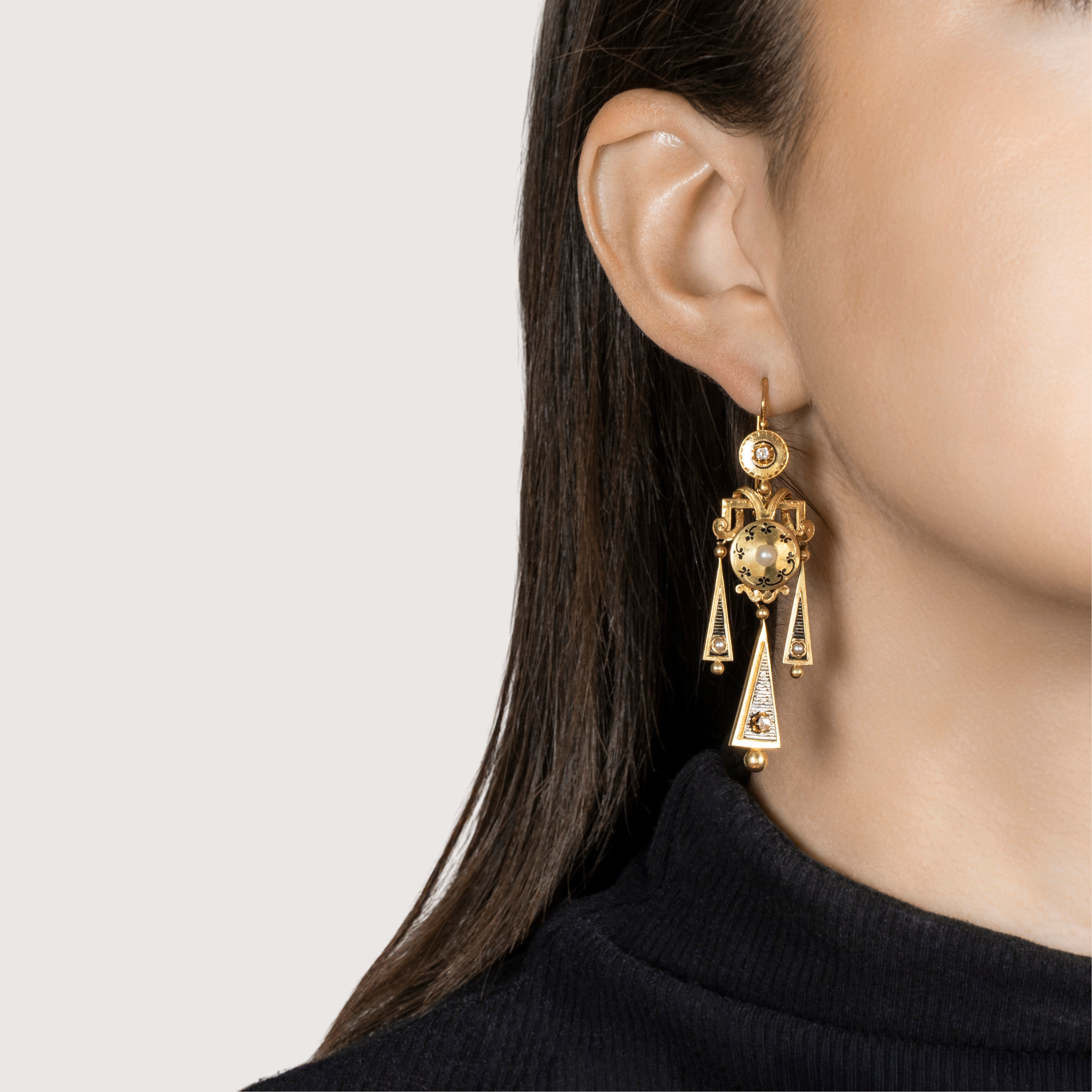 Antique Large Victorian 18k Yellow Gold Old Mine Diamond Pearl Enamel Earrings、mySite、hinf8tx79