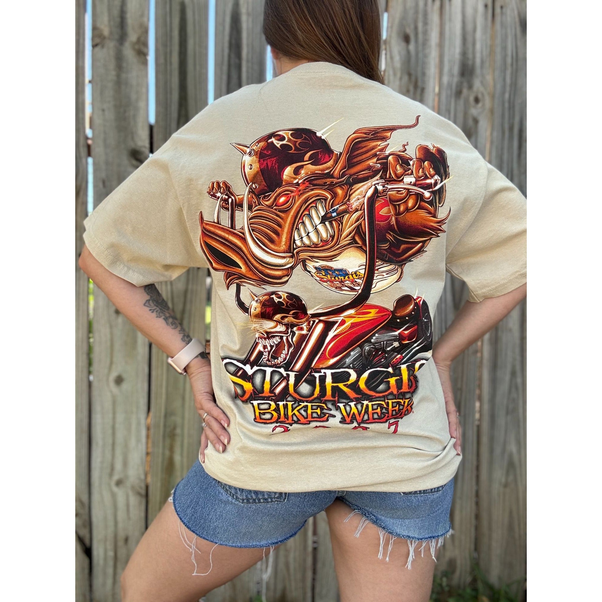 NWT 2007 Sturgis Bike Week Pork Chop Hogg Tan Motorcycle Graphic Tee Medium、mySite、garagedoors4me