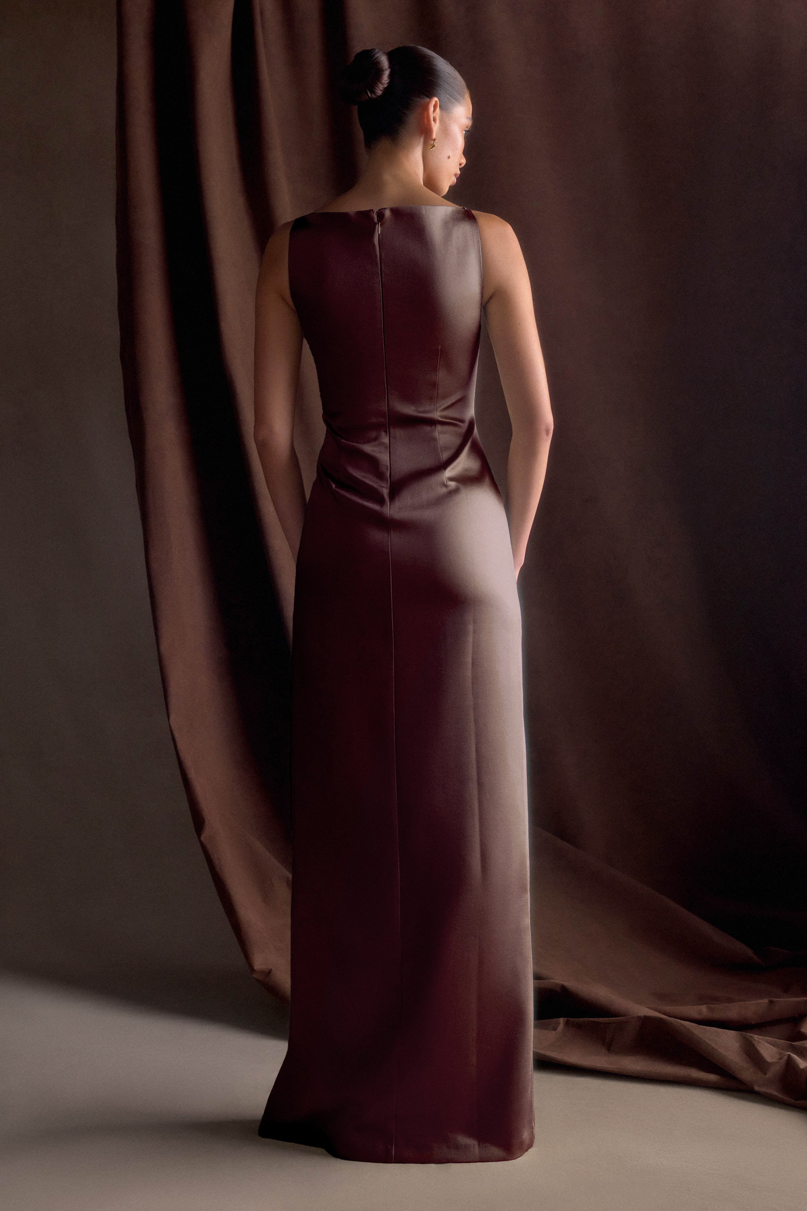 Violet Sleeveless Satin Maxi Dress - Dark Chocolate、mySite、solidvoid