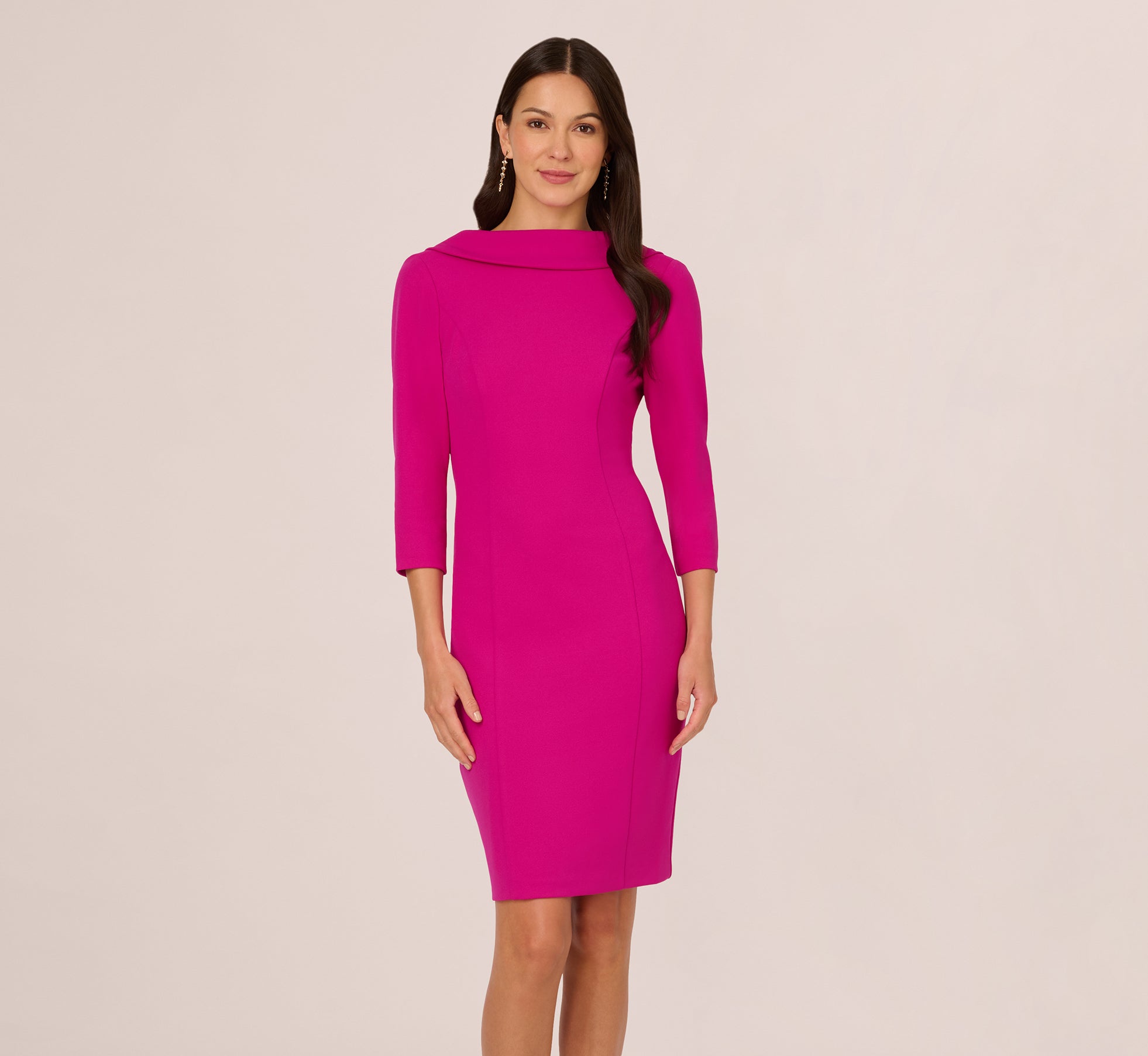 Three Quarter Sleeve Crepe Midi Dress With Rolled Neck In Pink Flambe、mySite、solidvoid