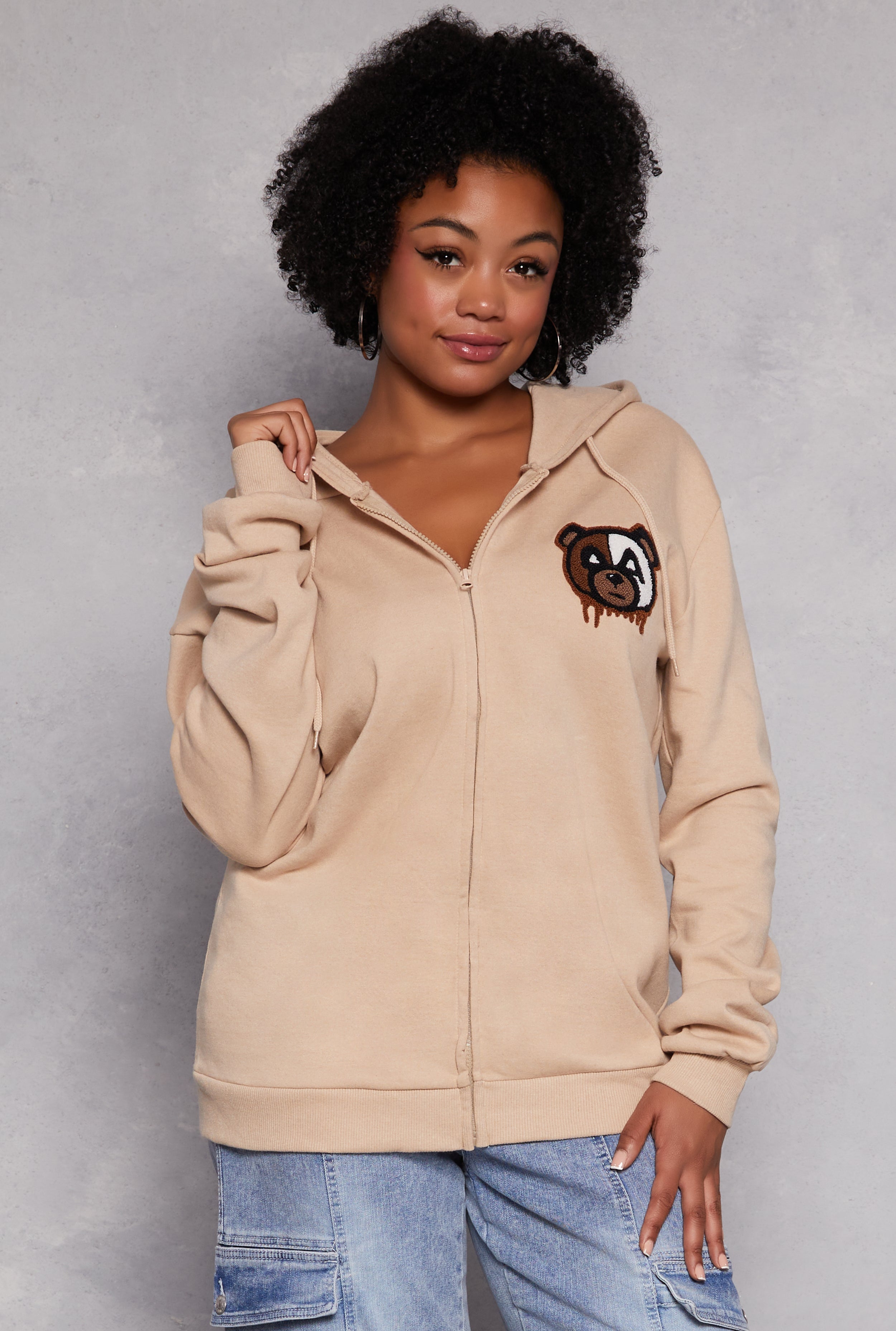 Plus Size Bear Graphic Zip Front Hoodie、mySite、camillekostekn