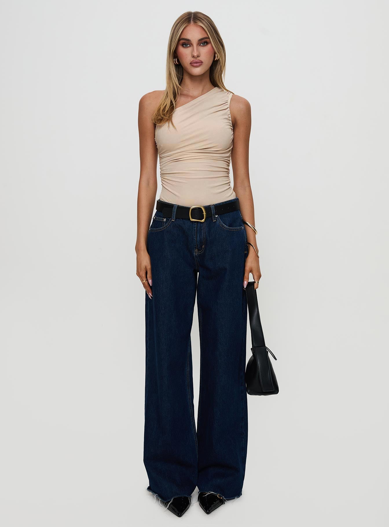 Heston Asymmetrical Ruched Bodysuit Beige、mySite、solidvoid