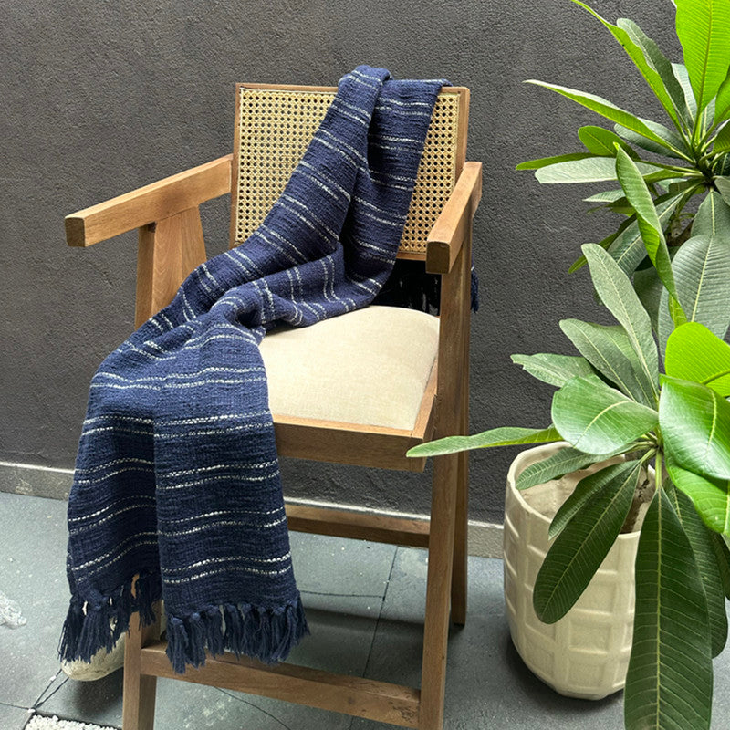 Cotton Throw Blanket | Woven Design | Navy Blue | 190 x 127 cm、mySite、camillekostekn