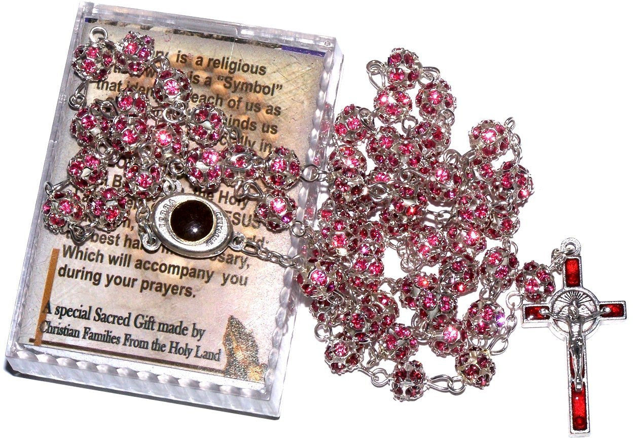 Multi Faceted Crystals Rosary - 8mm Crystal Rosary with Silver Tone Alpaca chain, Holy Land Soil and special Crucifix (Pink)、mySite、topwebapps