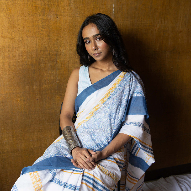 Cotton Printed Saree | Hand Block Print | White & Blue、mySite、camillekostekn