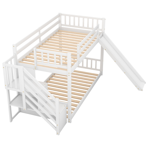 Twin over Twin Bunk Bed with Convertible Slide and Stairway, Gray、、casual