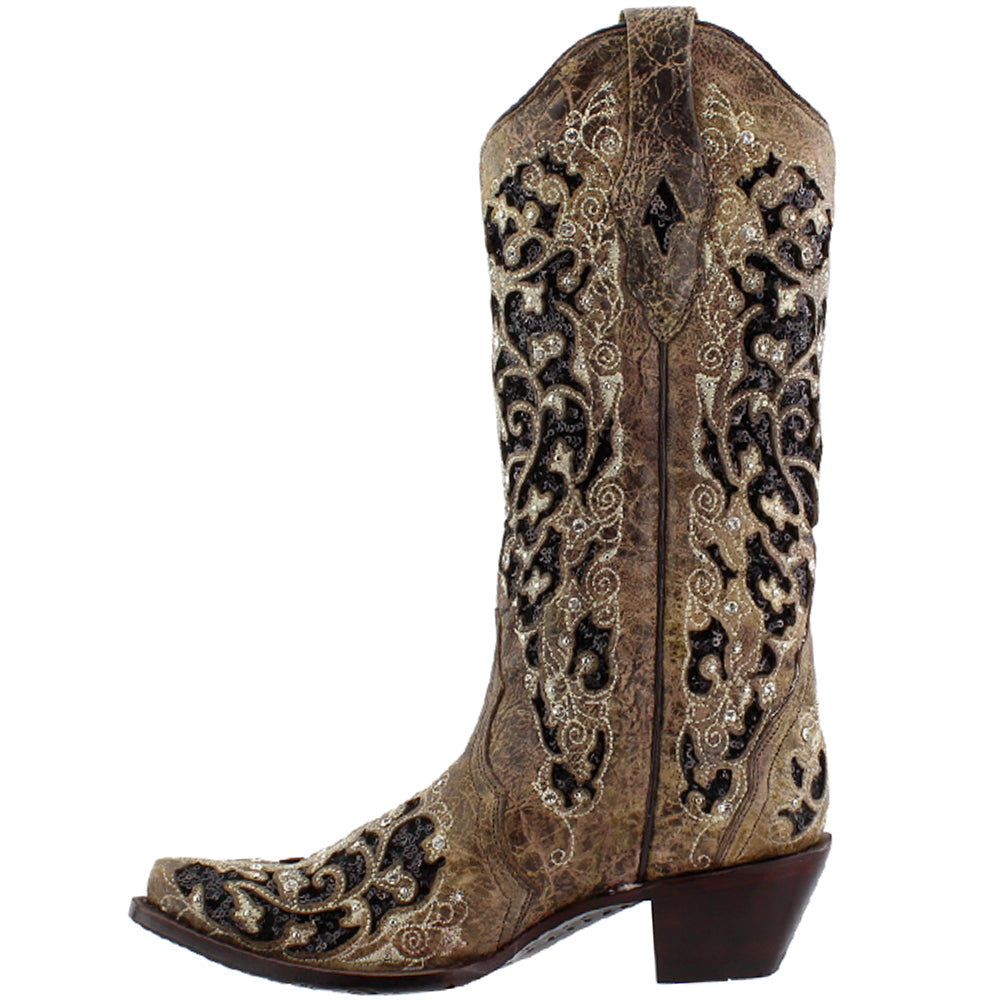 Sequin Tooled Inlay Snip Toe Cowboy Boots、mySite、gtrtttuynbv