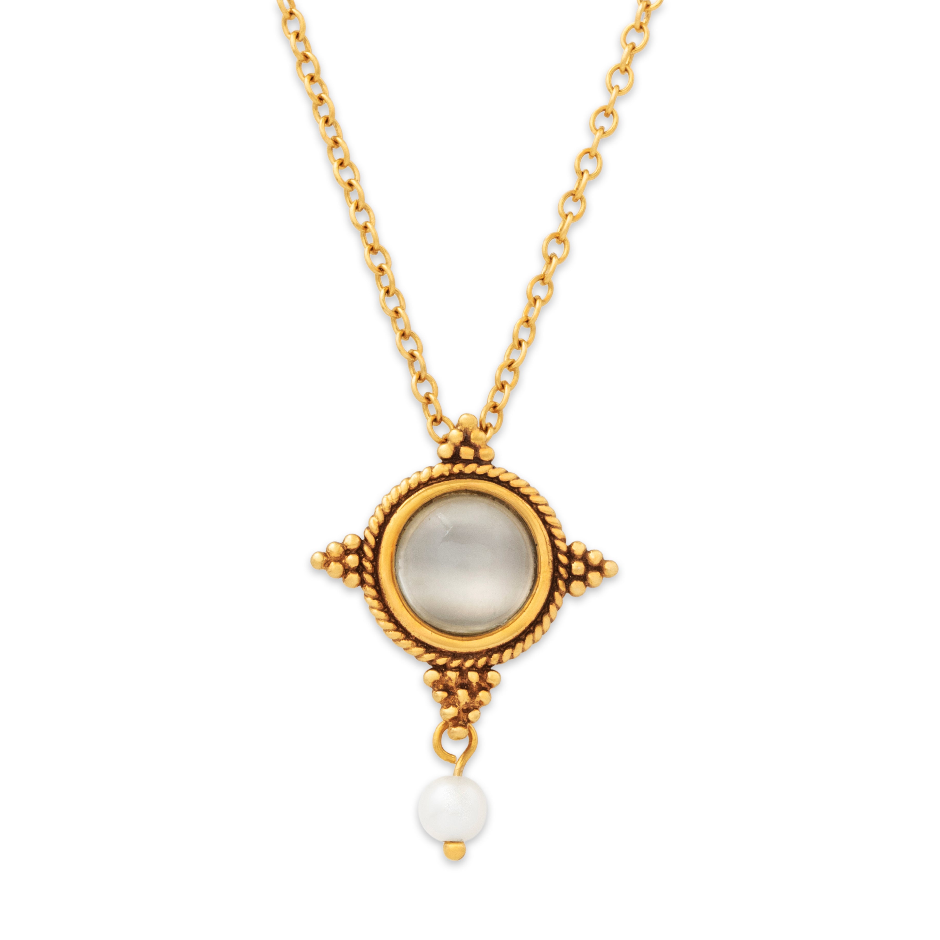 Vintage 14k Yellow Gold 1.5ct Moonstone Pearl Elegant Necklace 18、mySite、hinf8tx79