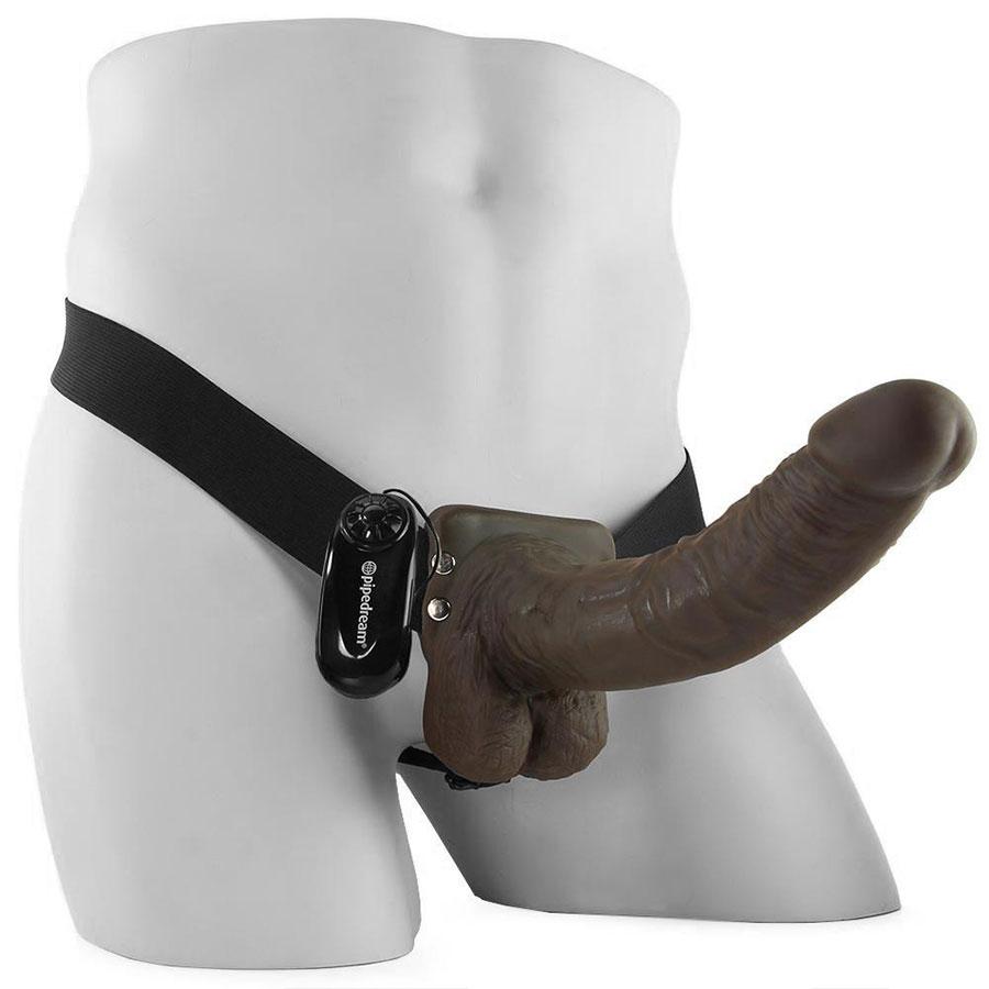 Vibrating 9 Inch Brown Hollow Strap-On Penis Extension with Balls、mySite、bottomscart