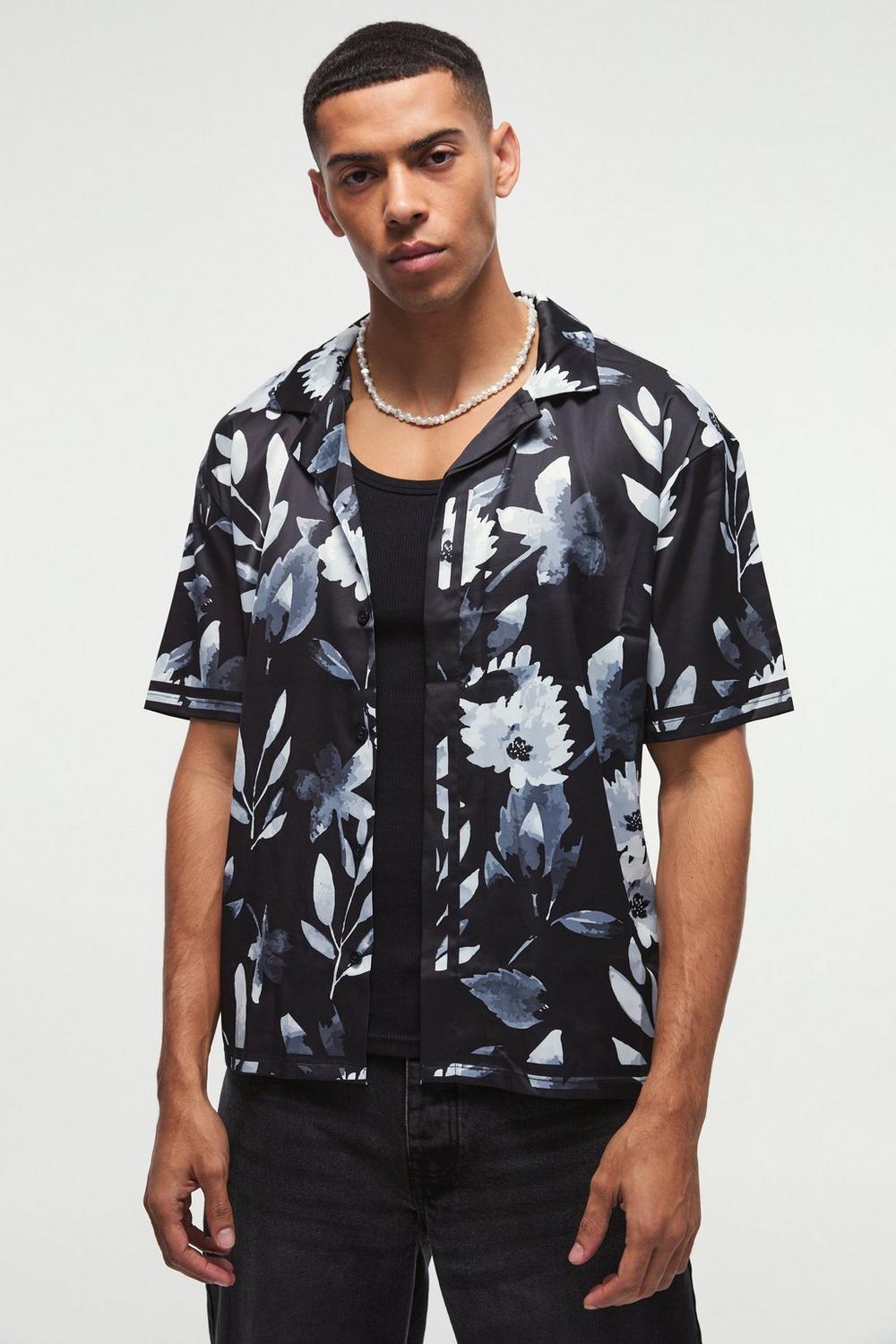  Boohooman Oversized Flower Printed Satin Short Sleeve Shirt Black、mySite、justintrudeaud