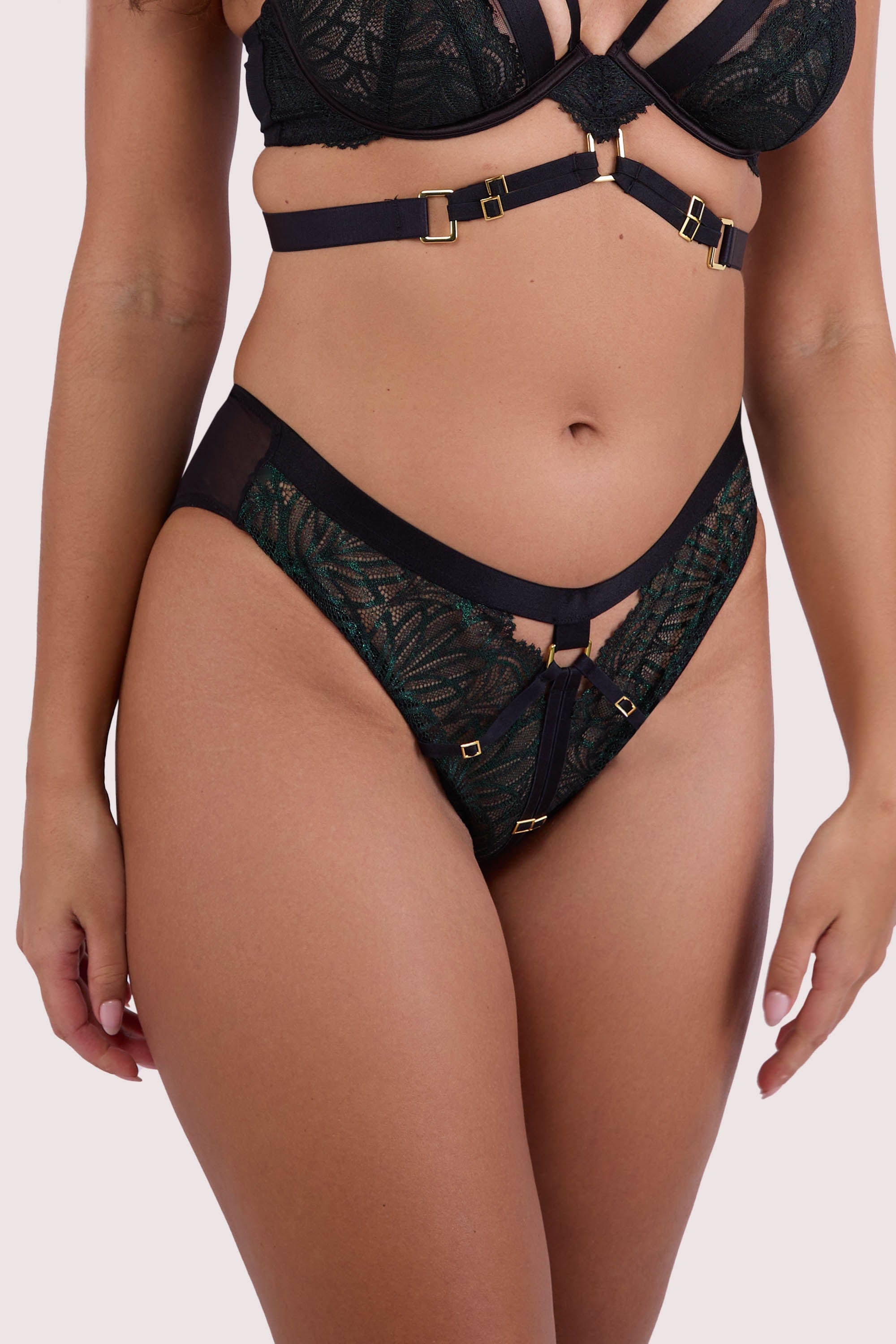 Tabitha Dark Green Wet-Look Lace High Waist Brief、mySite、bengalsvssteelers