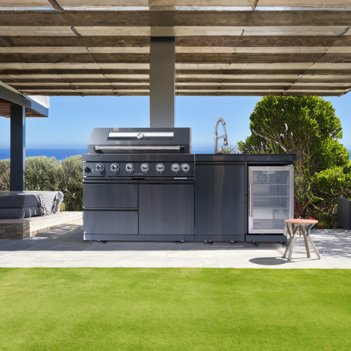 43-Inch 6-Burner 85000 BTU Deluxe Stainless Steel Gas Outdoor Kitchen Bar Barbecue Island Grill + Wine Cooler Compact Refrigerator + Rotisserie kit + Granite Countertops + Stainless steel Sink、、eastwooduniform