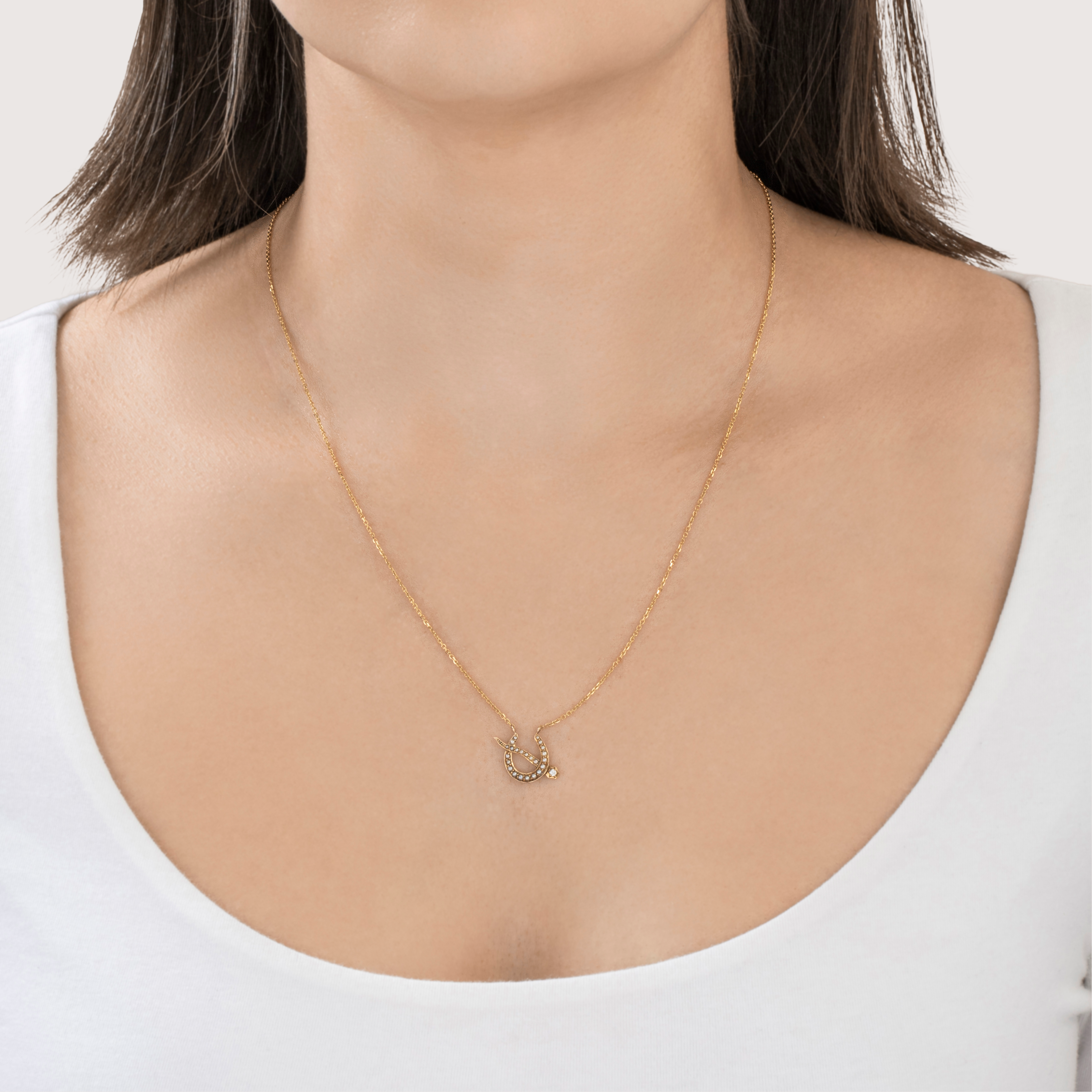 Antique Shreve & Co. 14k Yellow Gold Pearl Diamond Horseshoe Necklace 16-18、mySite、hinf8tx79