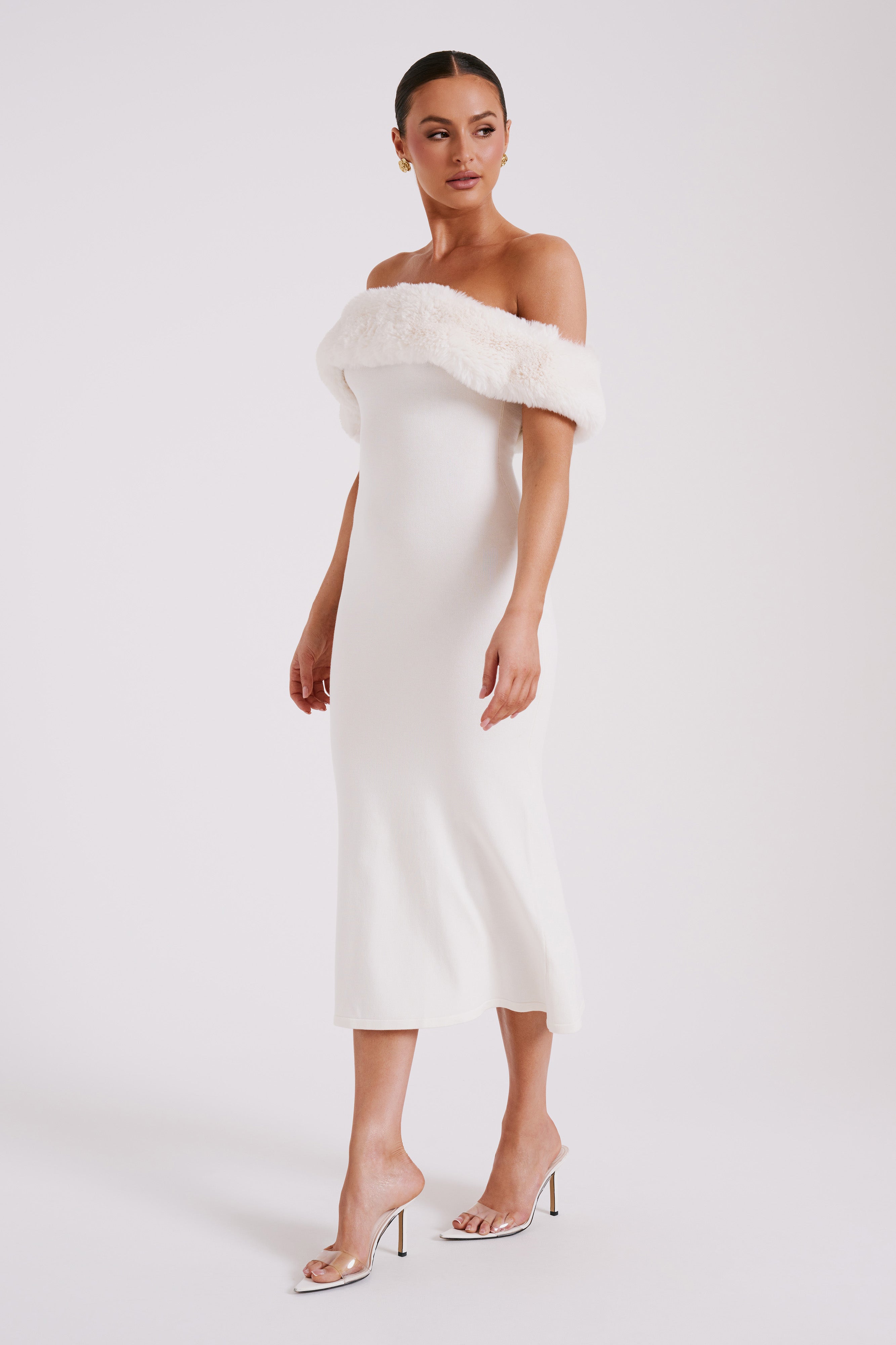 Angelica Off Shoulder Knit Midi Dress With Faux Fur - Ivory、mySite、solidvoid