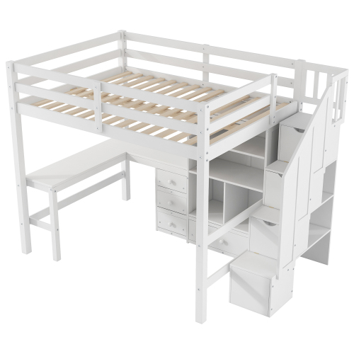 Twin Size Loft Bed with L-Shaped Desk and Drawers, Cabinet and Storage Staircase, White、、casual