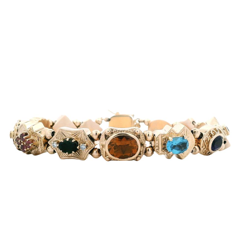  Estate 14K Yellow Gold Multi Gemstone & Diamond Link Bracelet