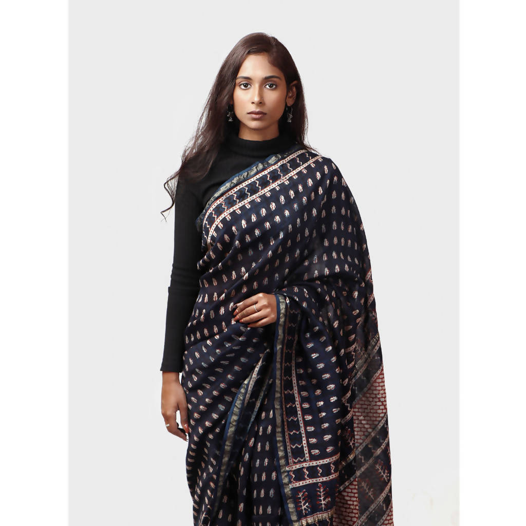 Natural Dyed Dark Blue Dabu Printed Chanderi Saree、mySite、camillekostekn