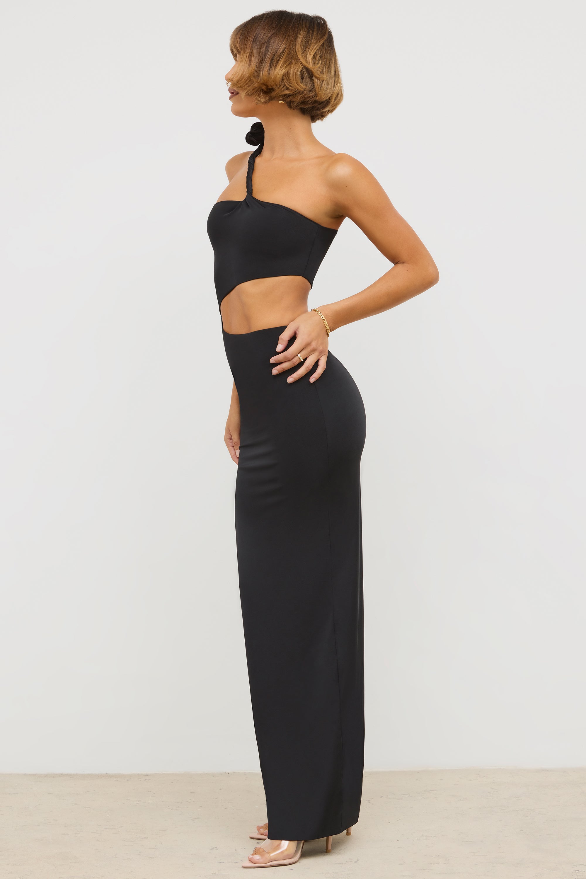 Premium Jersey Asymmetric Cut Out Maxi Dress in Black、mySite、solidvoid