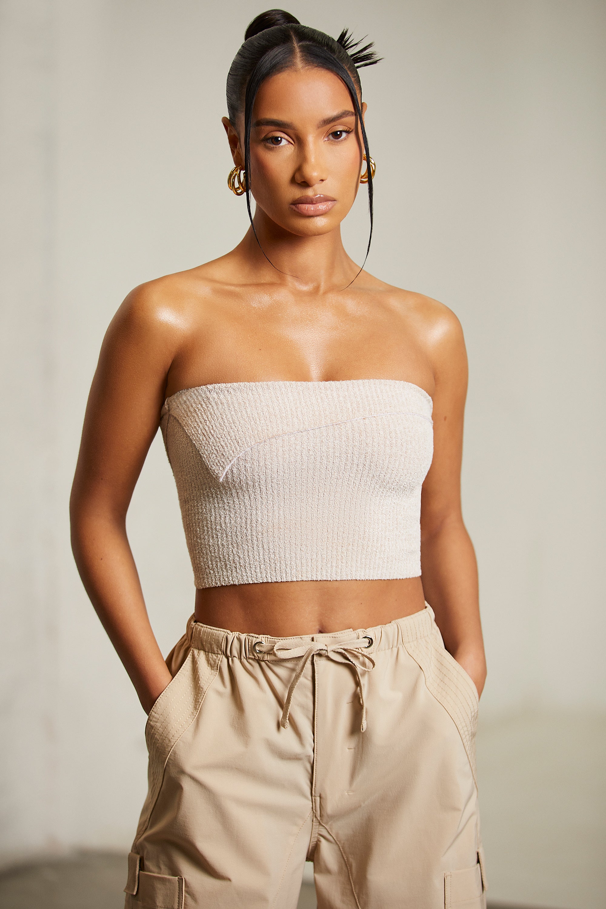 Overlap Bandeau Crop Top in Beige、mySite、solidvoid