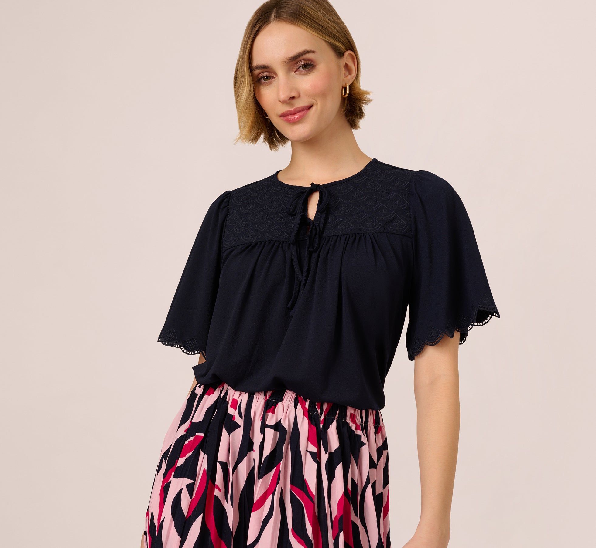 Short Sleeve Neck Tie Embroidered Yoke Top In Blue Moon、mySite、solidvoid