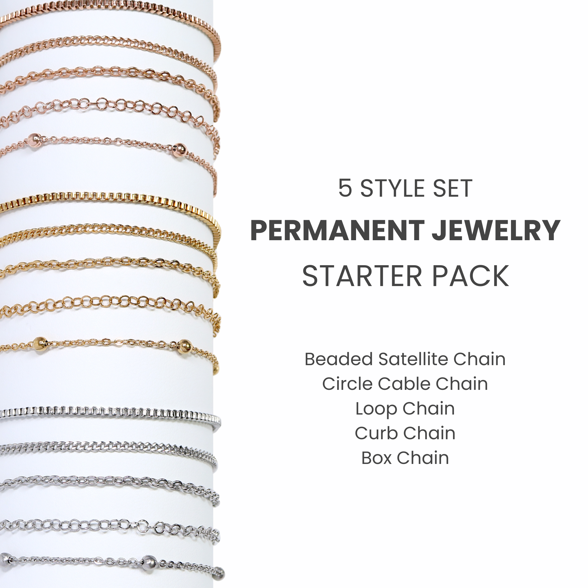 Permanent Jewelry Stainless Steel Chain Starter Kit - 5 Chain Style Pack、mySite、dreamappss