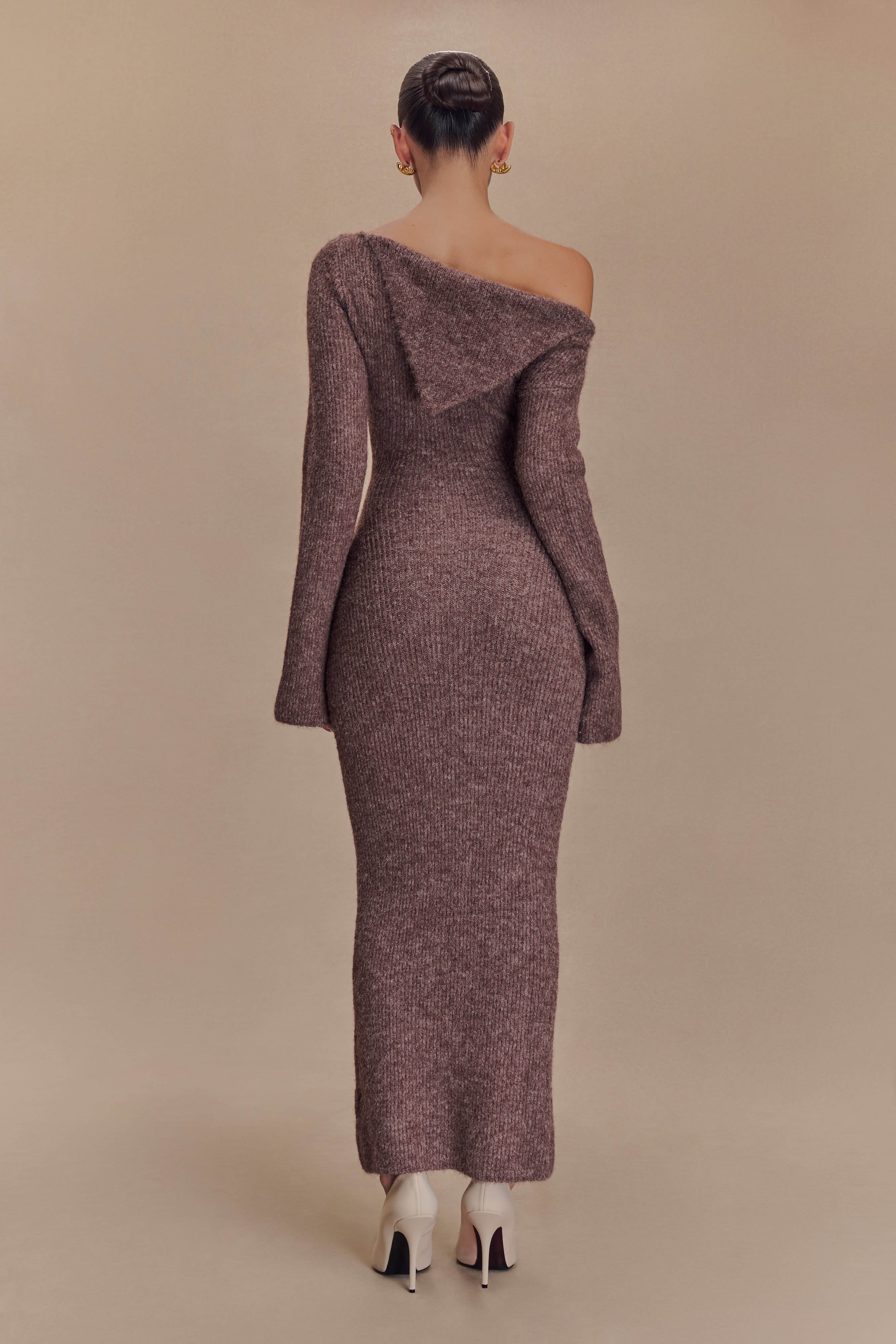 Magenta One Shoulder Fluffy Knit Midi Dress - Pecan、mySite、solidvoid