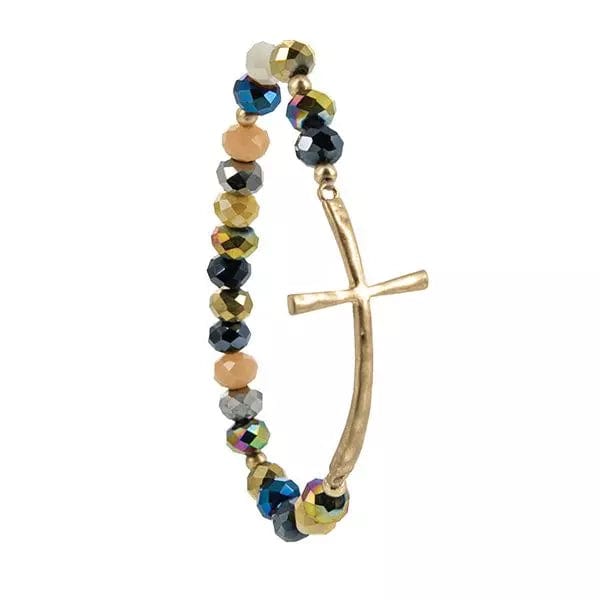 Inspirational Cross Stretch Bracelet Silver or Gold Glass Beads Affordable、mySite、g9winljtr