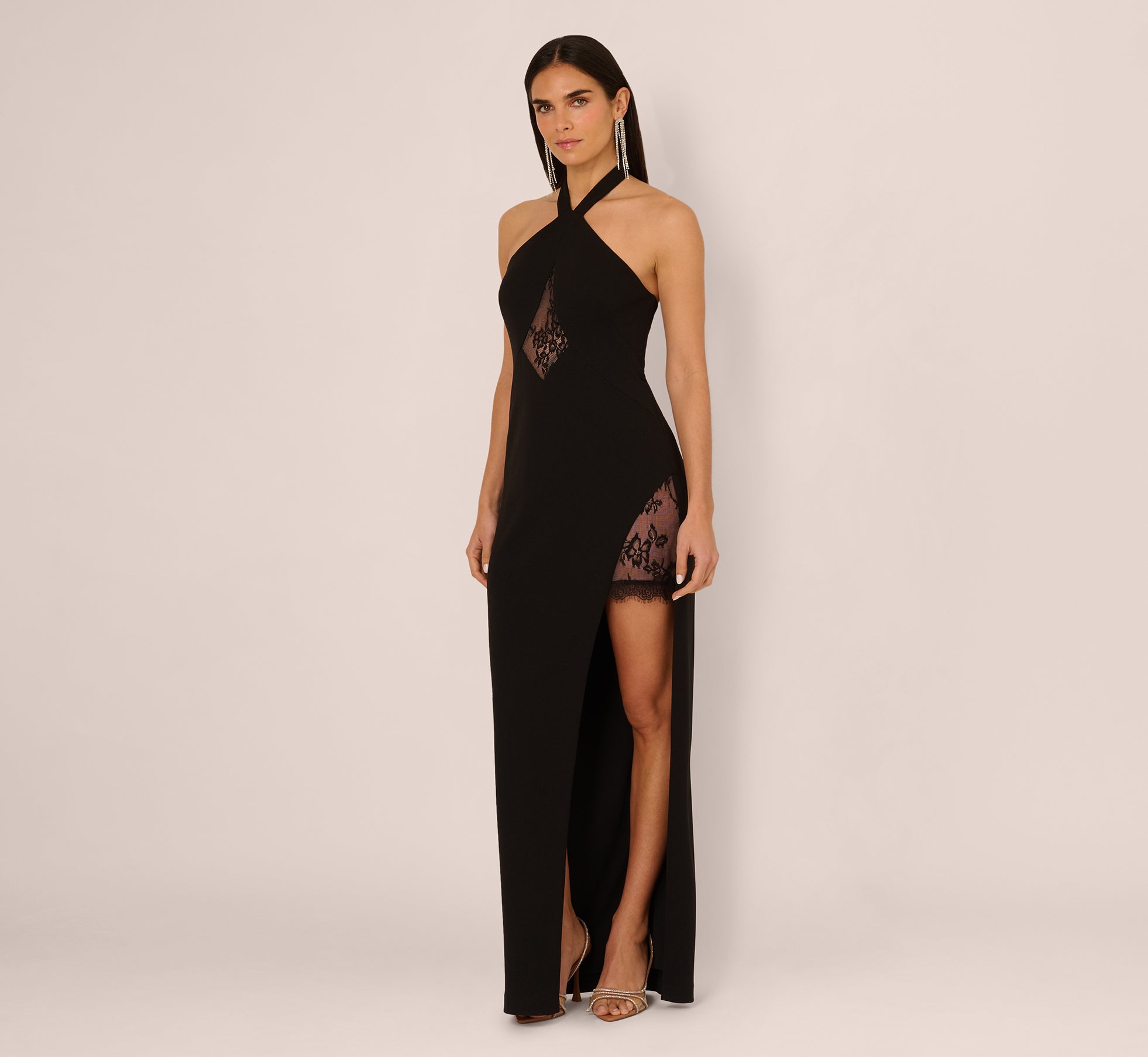Lace Panel Cutout Halter Gown In Black、mySite、solidvoid