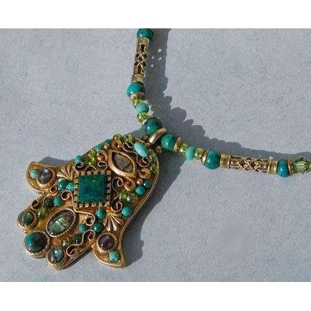 Michal Golan Chrysocolla, Chinese Turquise, Abalone and Glass Beads Hamsa Necklace、mySite、topwebapps
