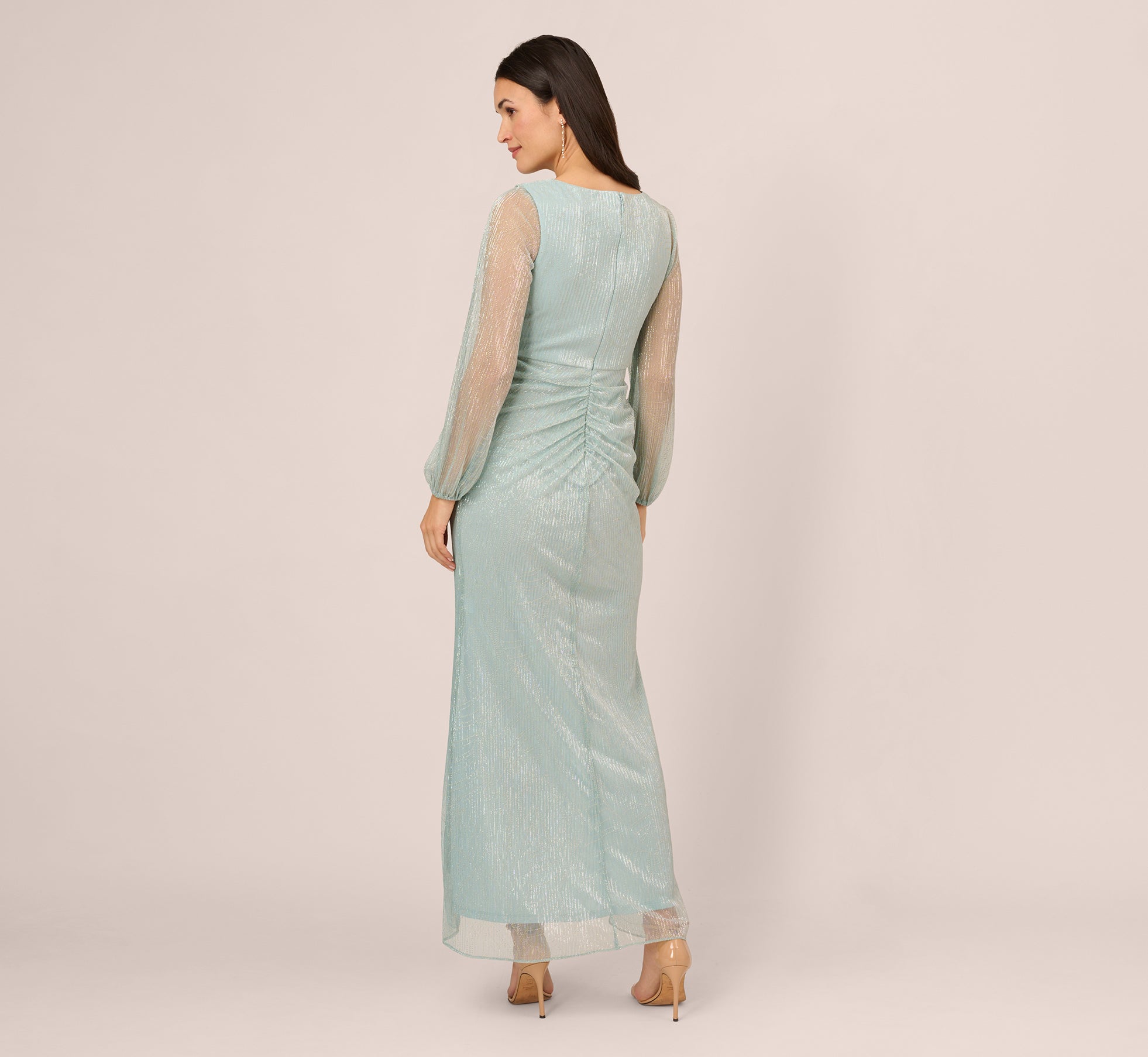 Crinkle Metallic Gown With Sheer Bishop Sleeves And Draped Details In Mint Smoke、mySite、solidvoid