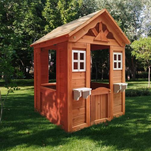 All Wooden Kids Playhouse with 2 windows and flowerpot holder,42"Lx46"Wx55"H,Golden Red、、casual