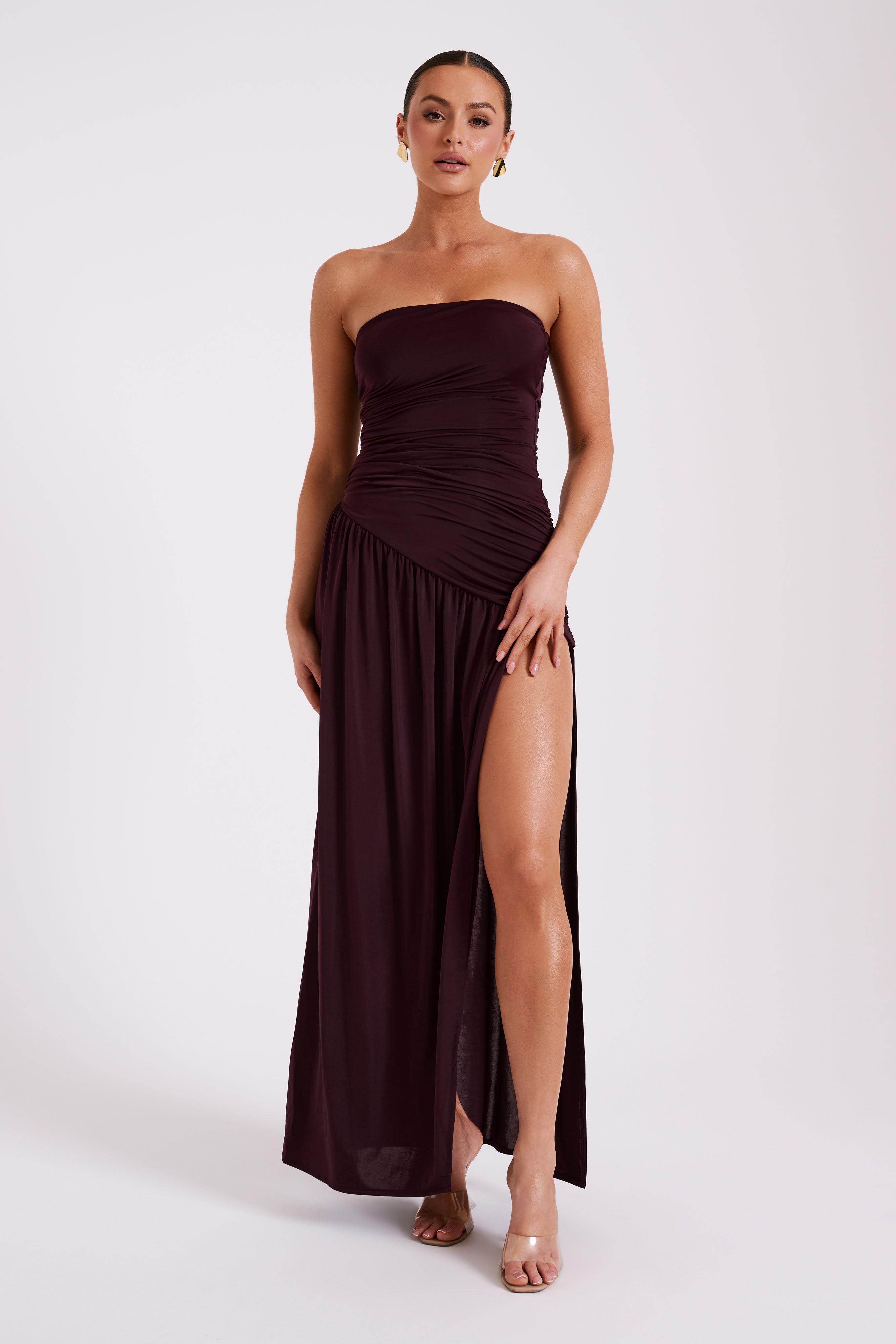 Bex Strapless Slinky Maxi Dress With Split - Burgundy、mySite、solidvoid