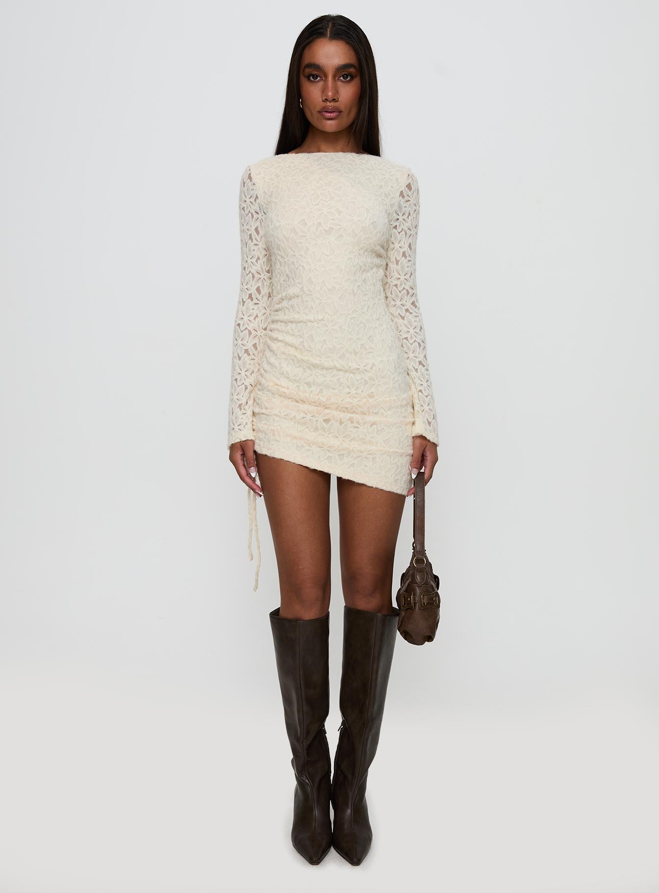 Que Sera Long Sleeve Mini Dress Cream、mySite、solidvoid