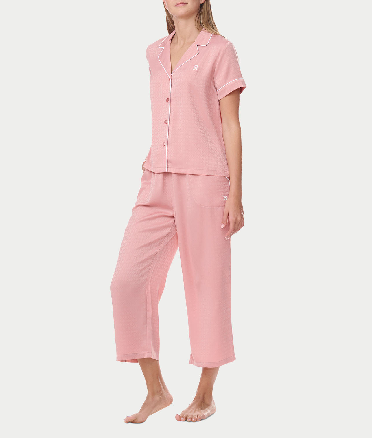 Notch Collar Cropped Woven Pajama Set、mySite、bengalsvssteelers