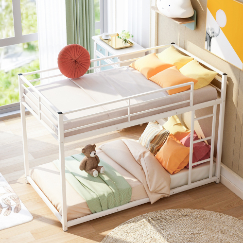 Full over Full Metal Bunk Bed, Low Bunk Bed with Ladder, Black(Old SKU:MF197034AAB)、、casual