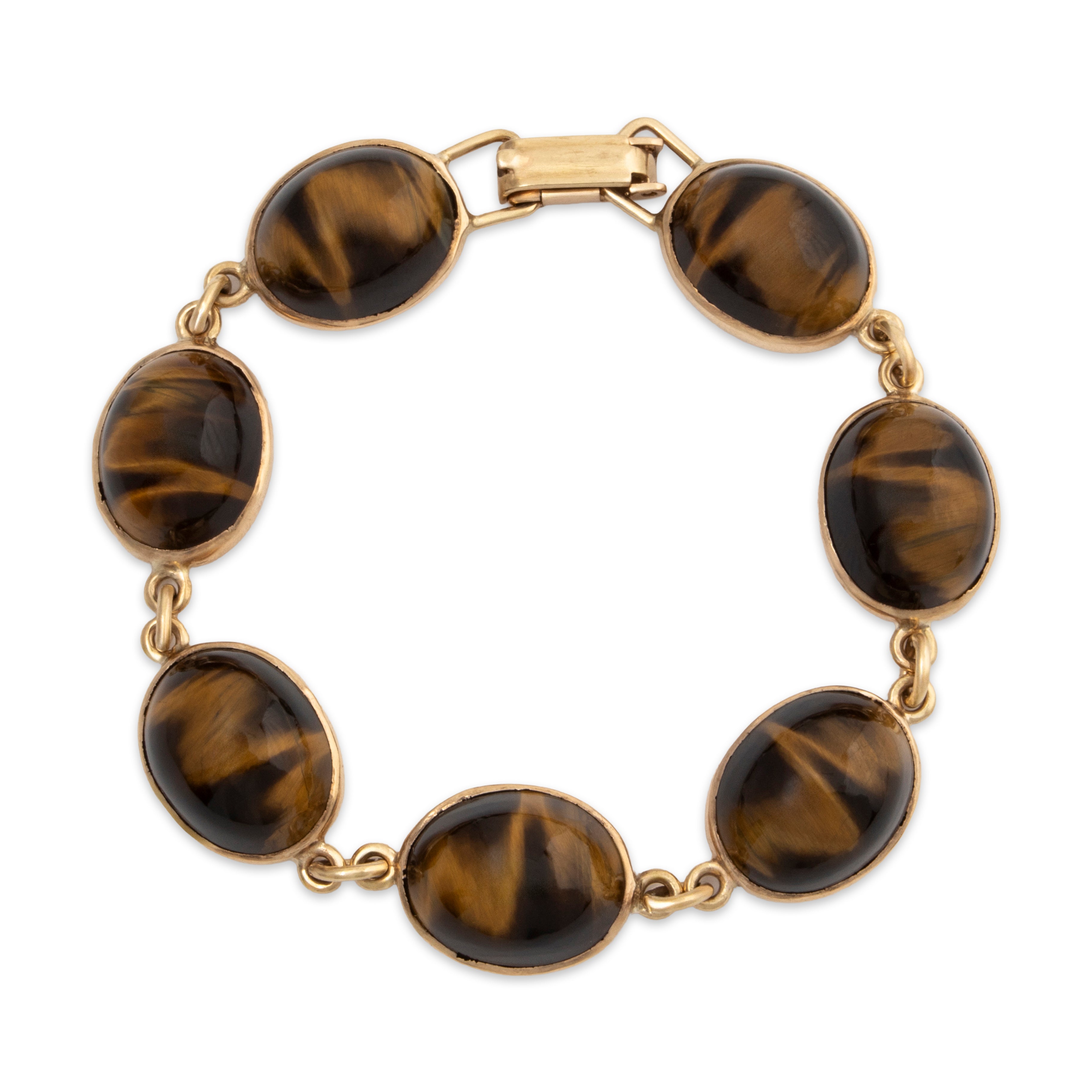 Vintage English 9k Yellow Gold 56cttw Tiger Eye Oval Link Bracelet 6.5、mySite、hinf8tx79
