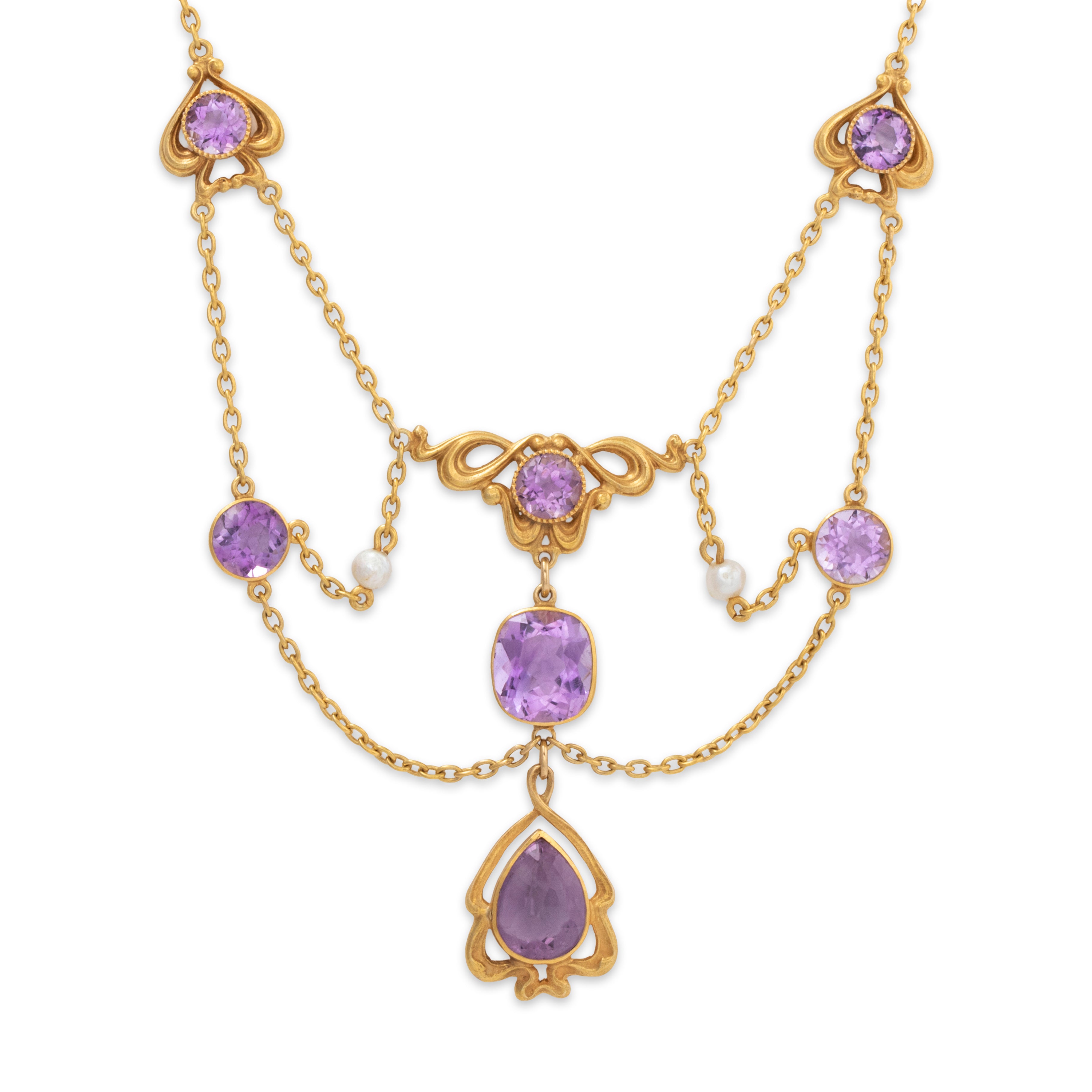 Antique Rare 14k Yellow Gold 9.57cttw Amethyst Pearl Festoon Necklace 16、mySite、hinf8tx79