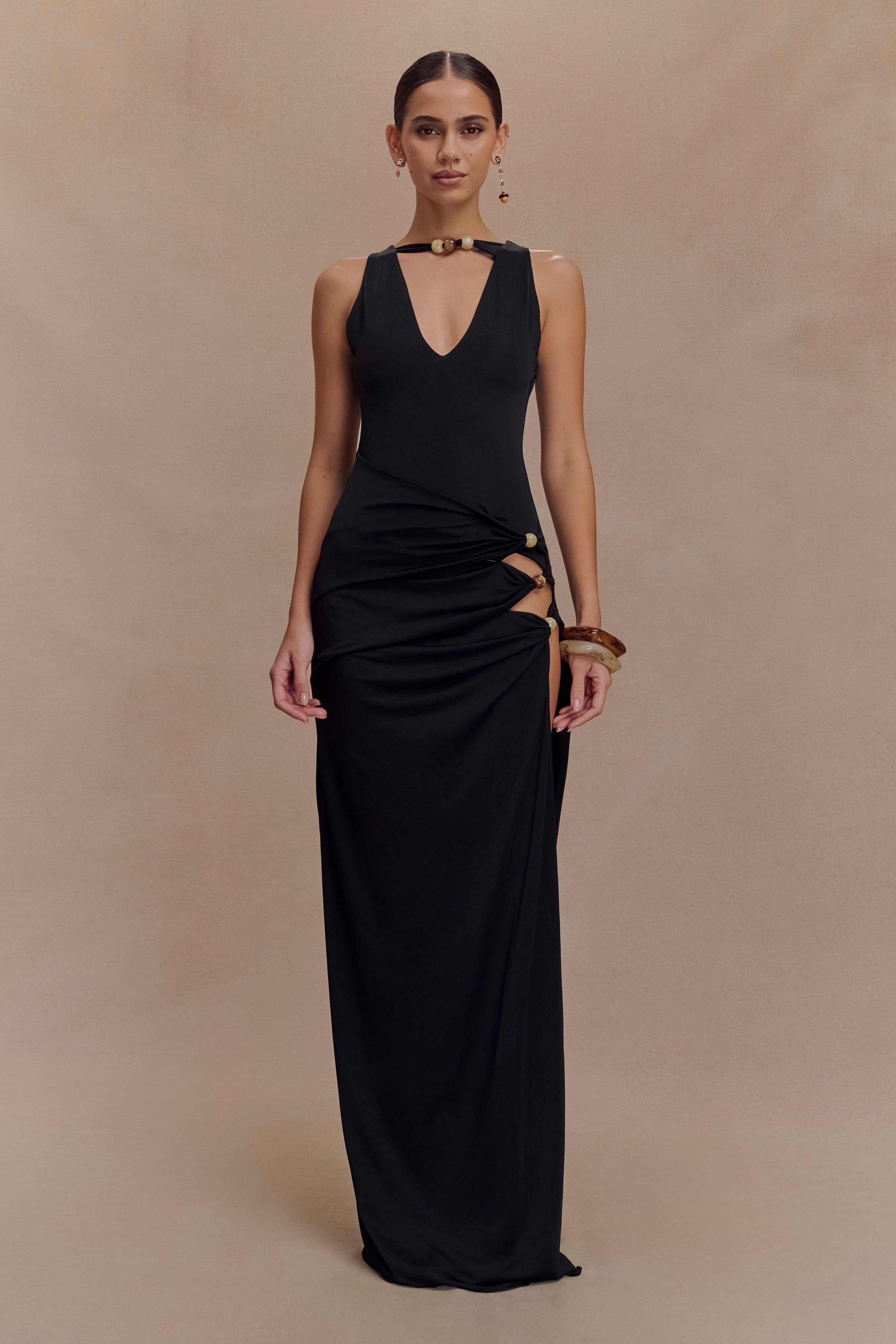 Kaiden Slinky Beaded Maxi Dress - Black、mySite、solidvoid