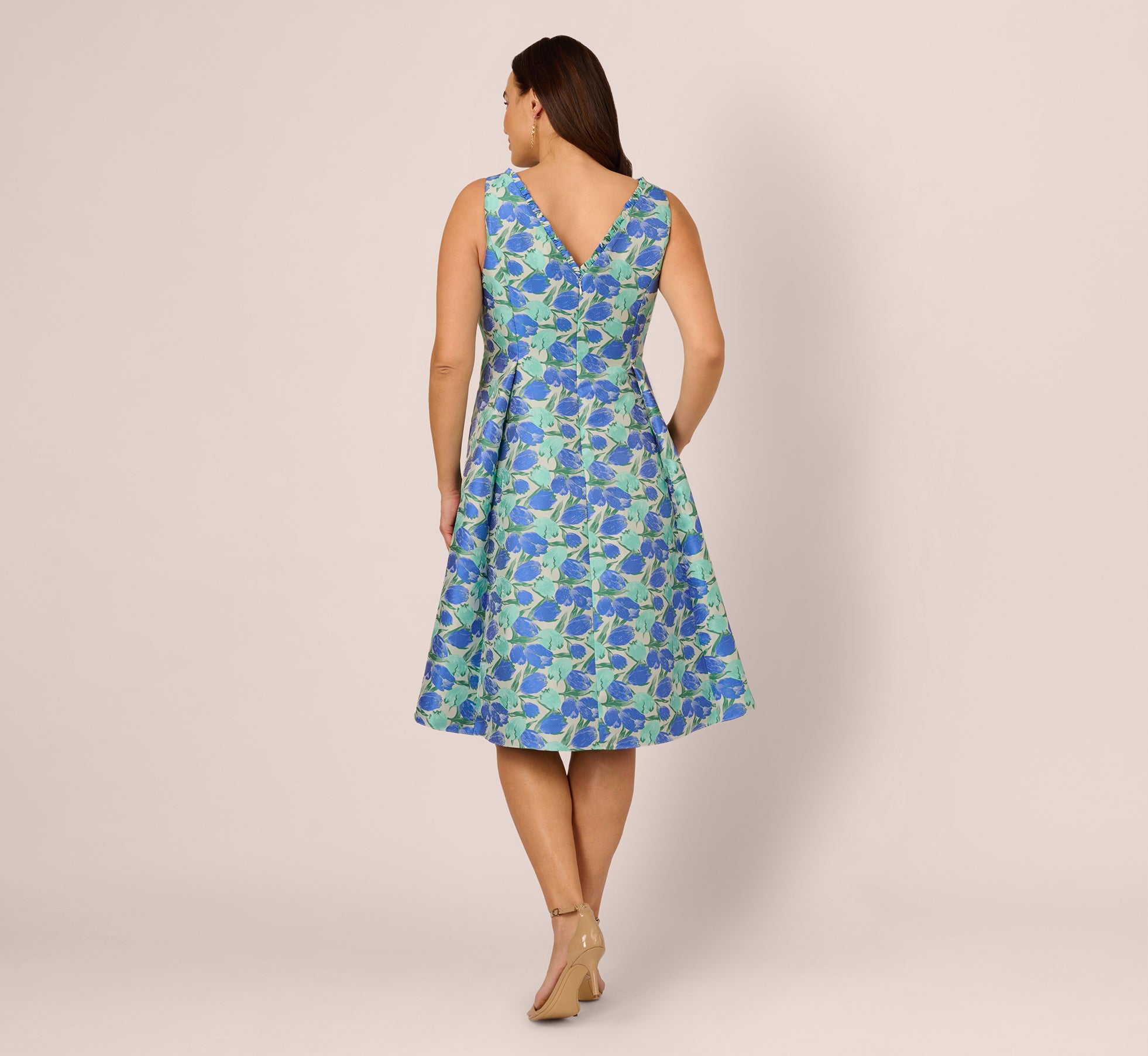 Plus Size Sleeveless Tulip Jacquard Fit And Flare Midi Dress In Blue Green Multi、mySite、solidvoid