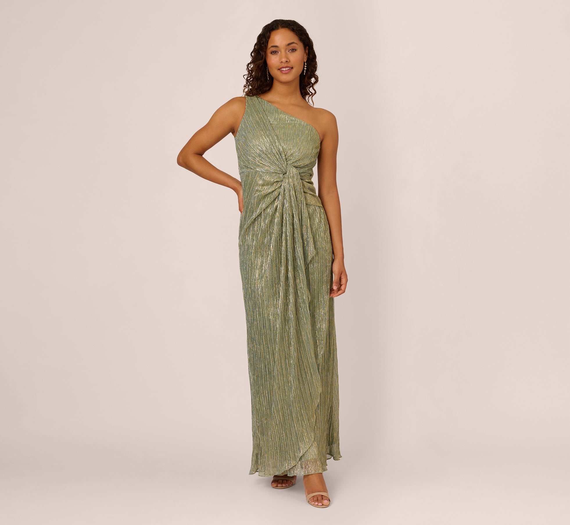 Stardust Pleated Draped One Shoulder Gown In Green Slate、mySite、solidvoid