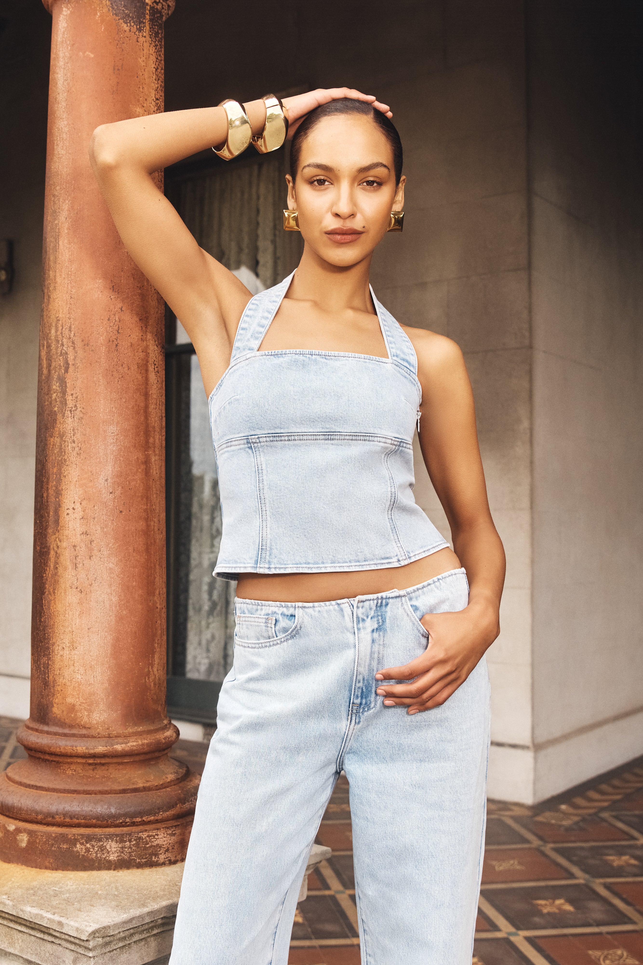 Dayna Denim Halter Top - Light Blue、mySite、solidvoid
