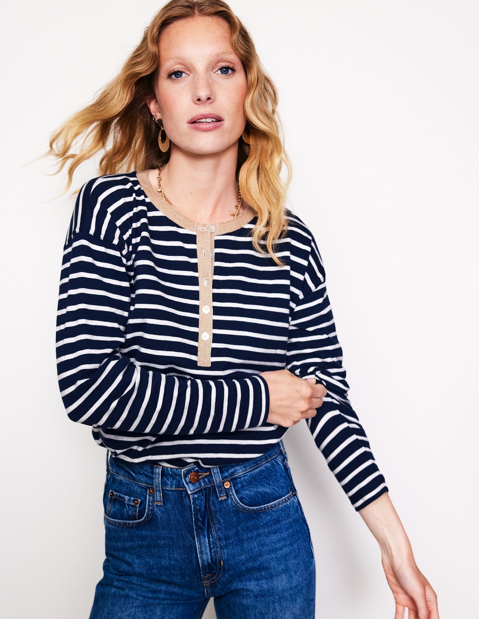  Metallic Trim Henley Top-Navy, Ivory Stripe、mySite、ashleygrahame