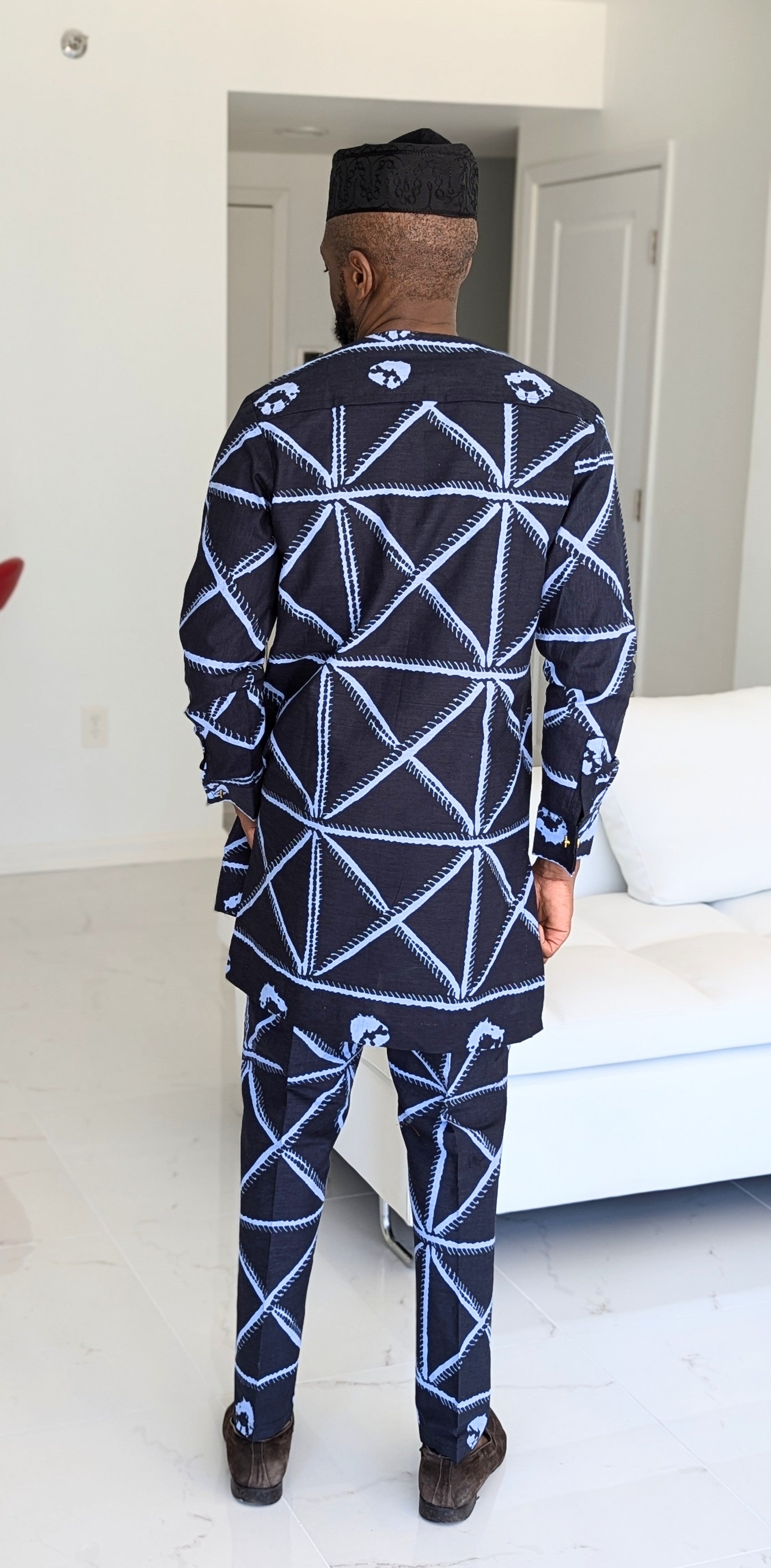 Dupsie's Chike Navy-Blue and Light Blue African Print Ankara Dashiki Top and Pants DP9100TP、mySite、solidvoid