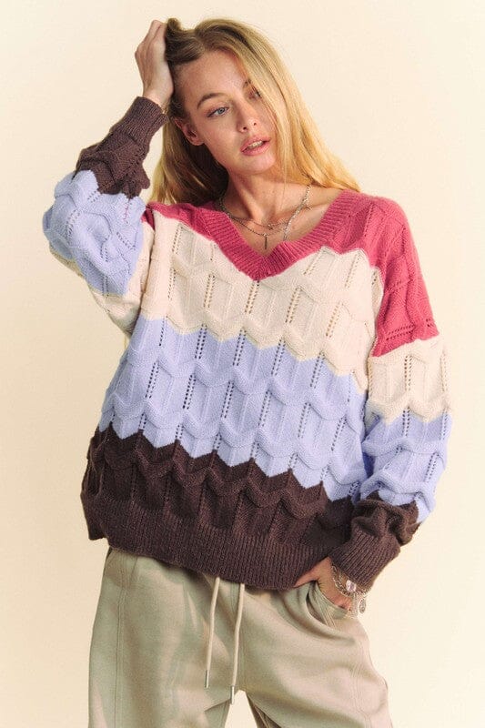 Davi & Dani Wavy Texture Color Block V-Neck Sweater、mySite、camillekostekn