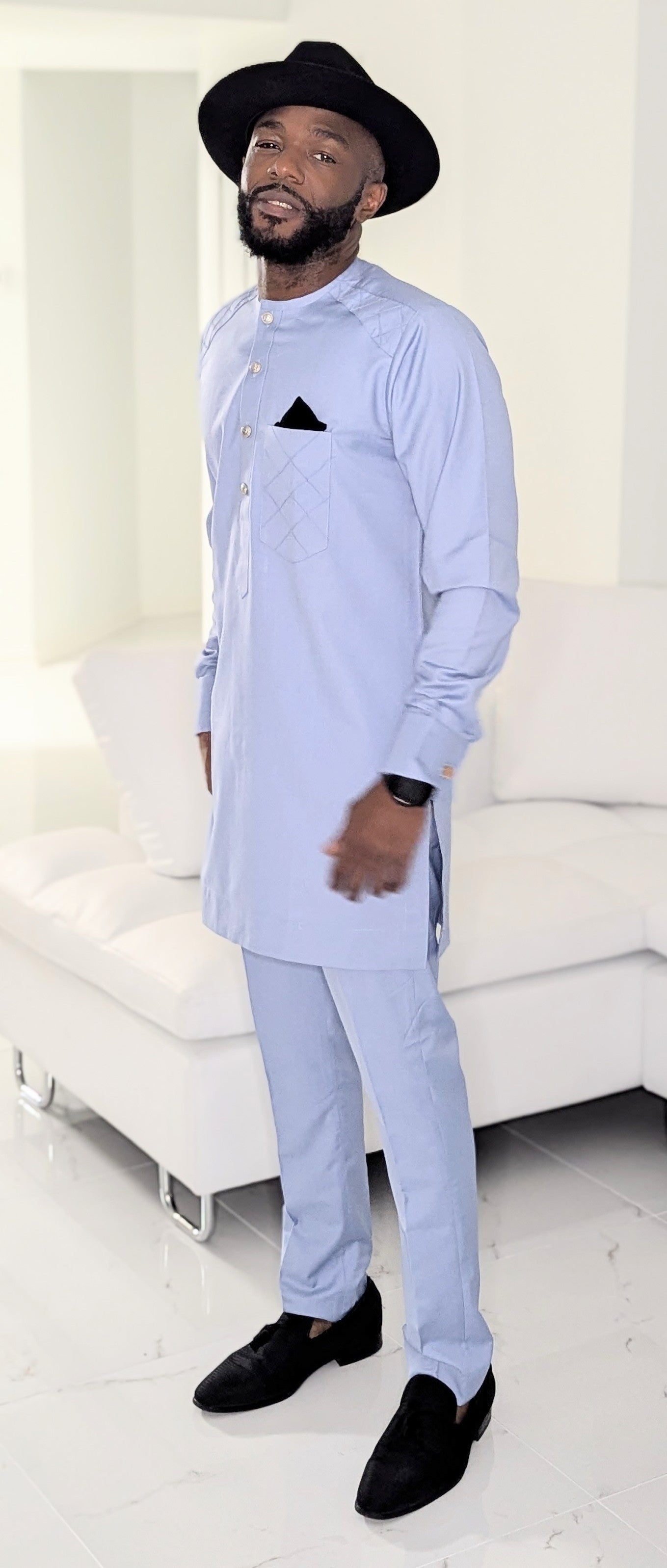 Dupsie's Afolabi Blue African Dashiki Senator Suit with matching pants DPASBSS19、mySite、solidvoid