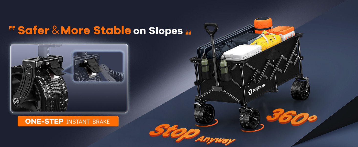 Two front wheels brake keeps the collapsible wagon safe and stable on the slope