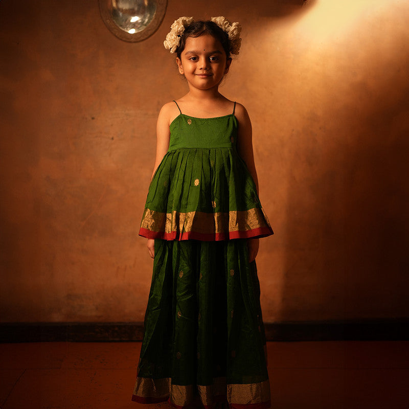 Cotton Lehenga Choli Set For Girls | Ethnic Pleated Top & Lehenga | Green、mySite、camillekostekn